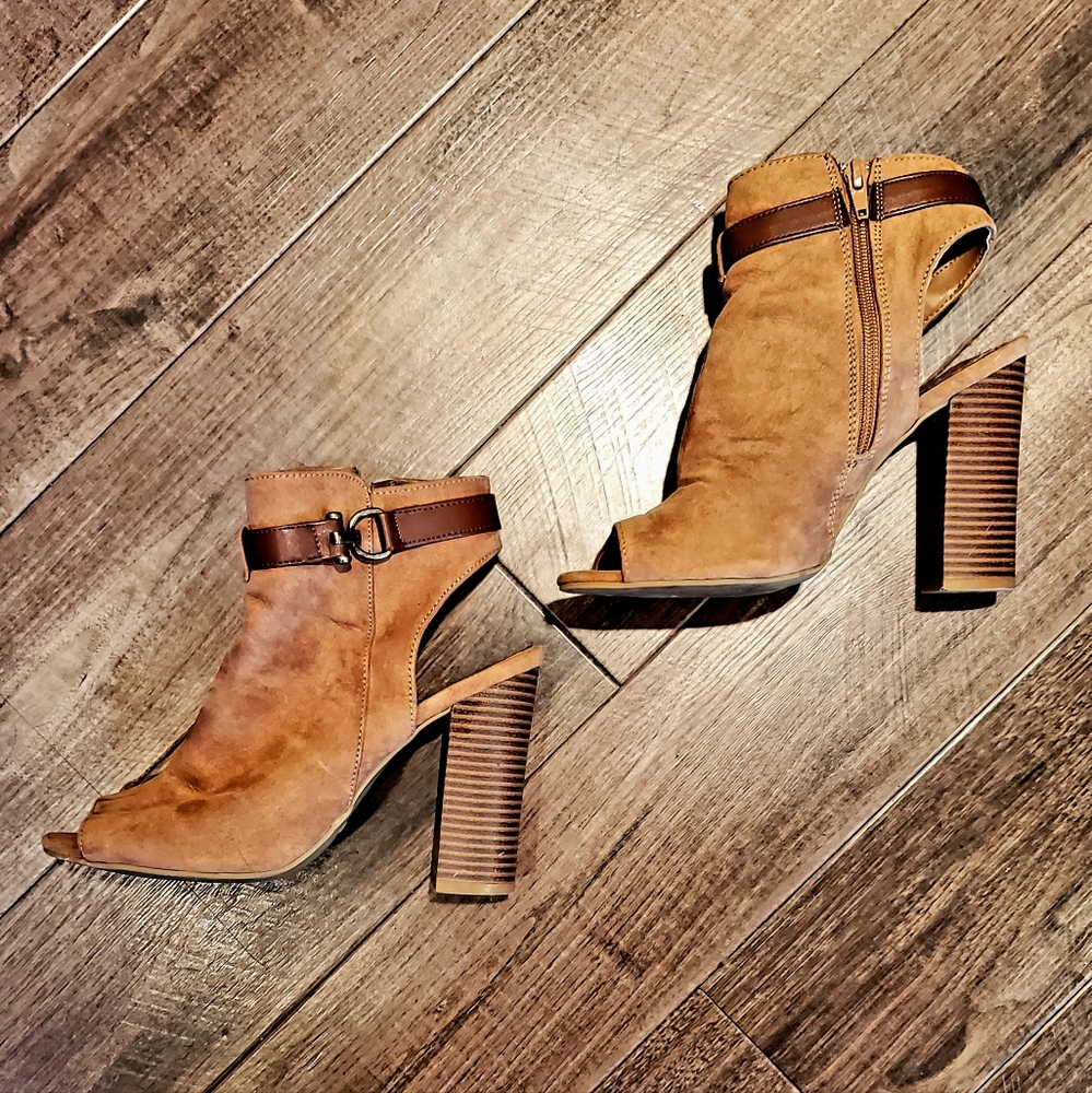 Camel Suede Ankle Booties W/ Open Toe Block Stack… - image 1